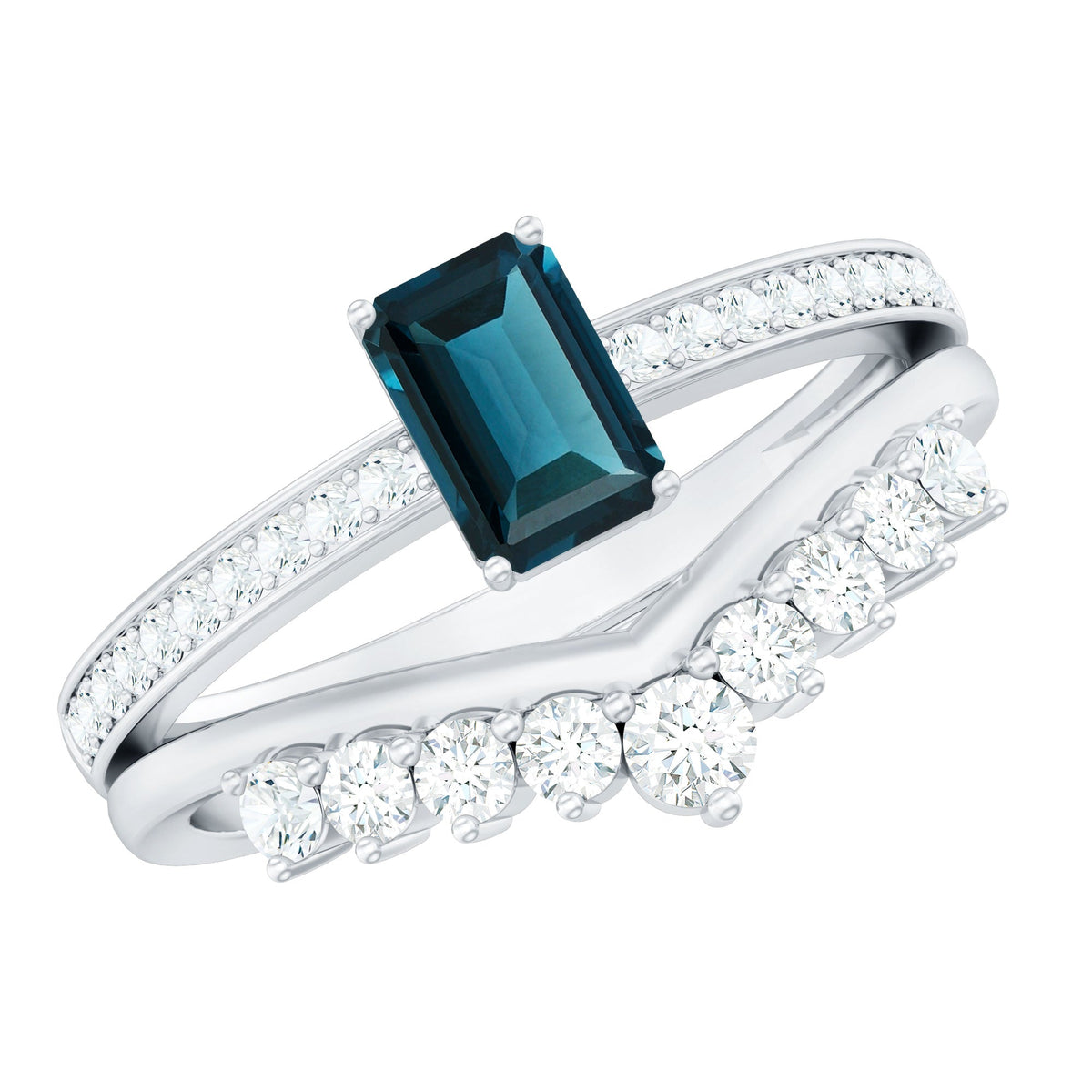 London Blue Topaz Engagement Ring with Diamond Wedding Band