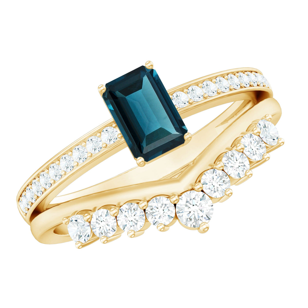 London Blue Topaz Engagement Ring with Diamond Wedding Band