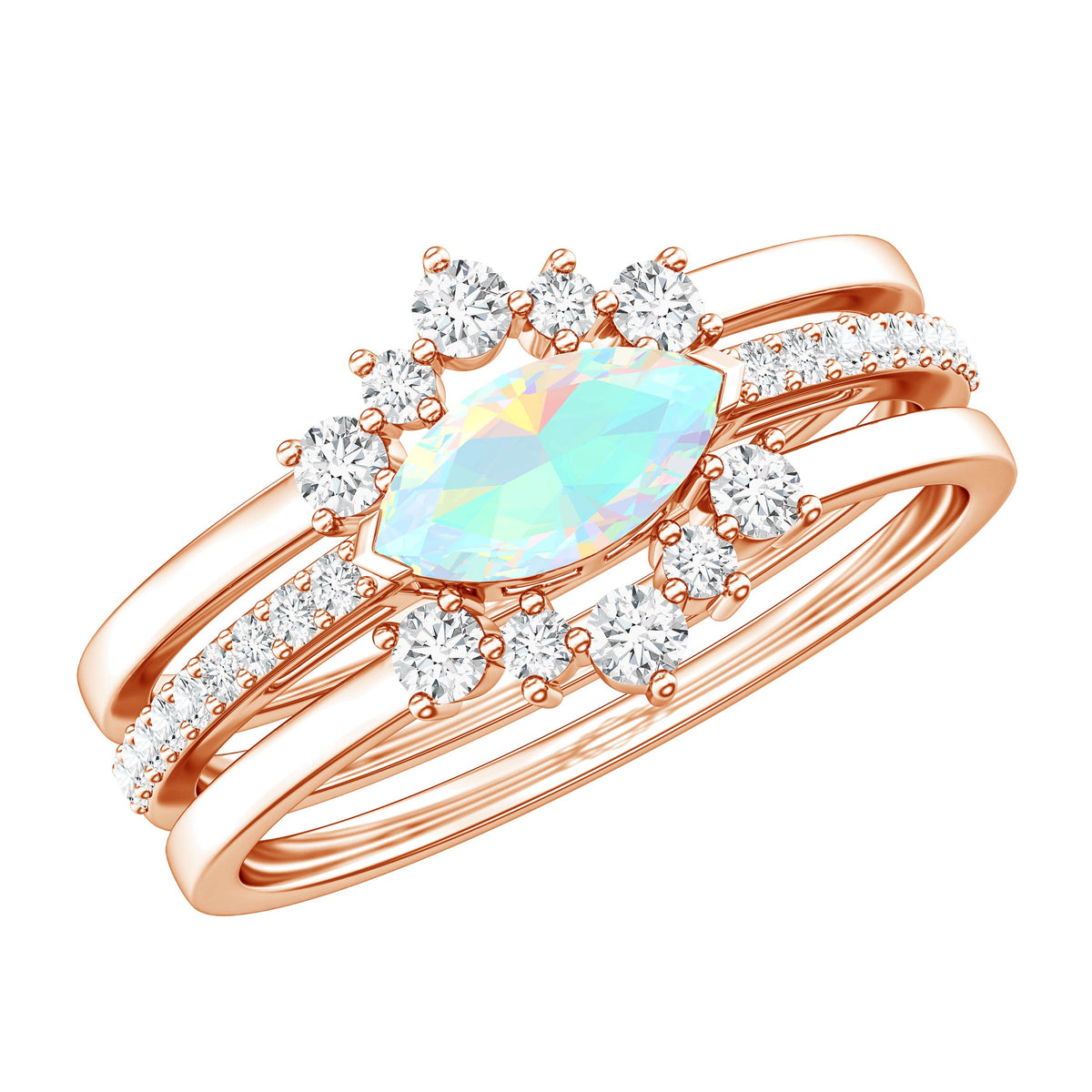 Certified Real Ethiopian Opal Diamond Wedding Bridal Ring Set of 3