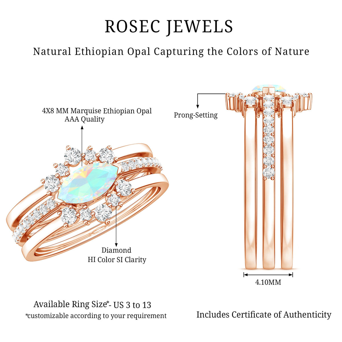 Certified Real Ethiopian Opal Diamond Wedding Bridal Ring Set of 3