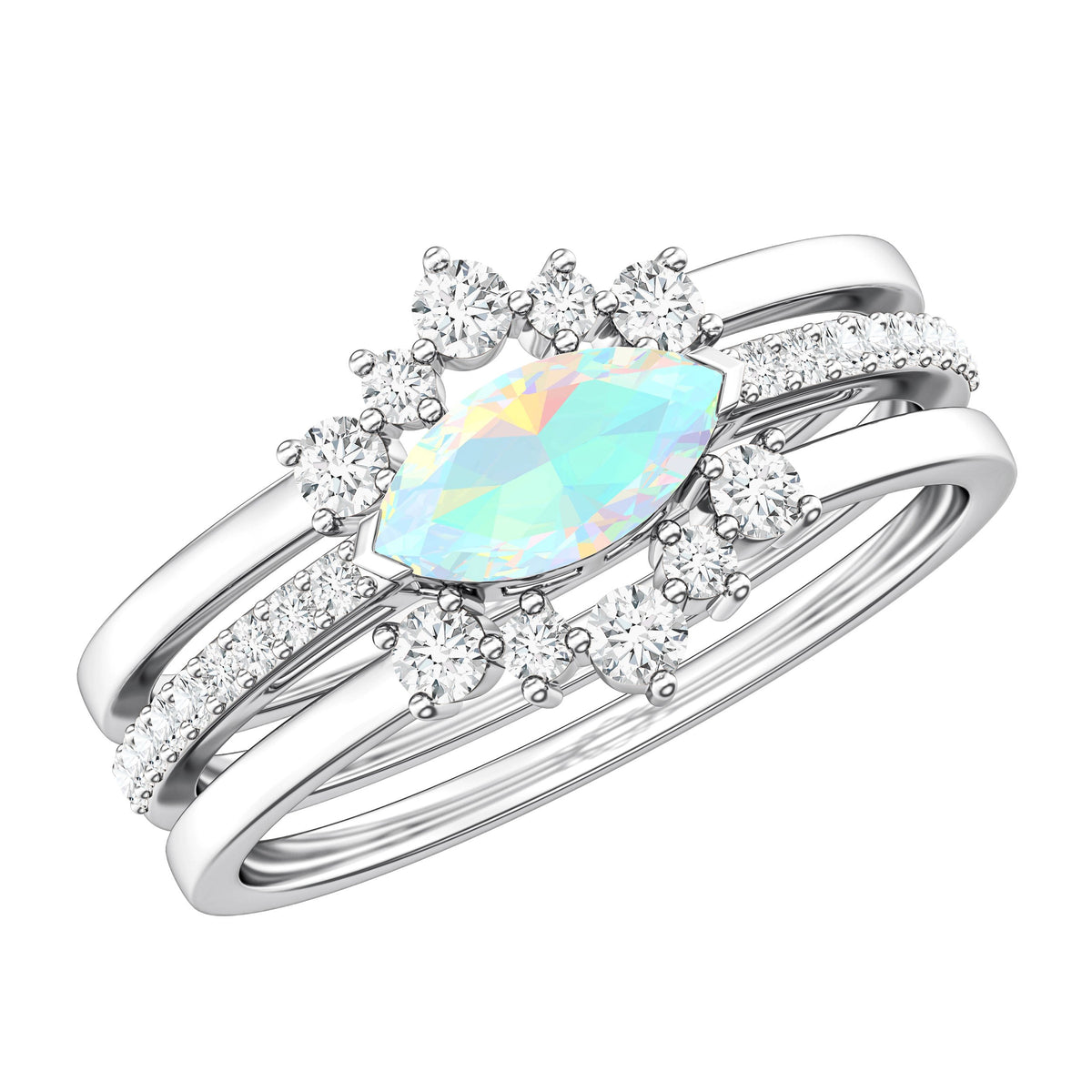 Certified Real Ethiopian Opal Diamond Wedding Bridal Ring Set of 3