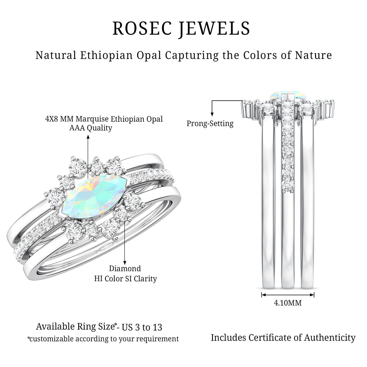 Certified Real Ethiopian Opal Diamond Wedding Bridal Ring Set of 3