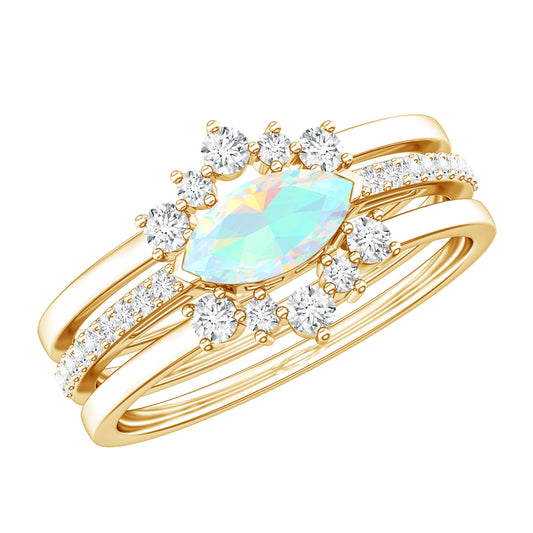 Certified Real Ethiopian Opal Diamond Wedding Bridal Ring Set of 3