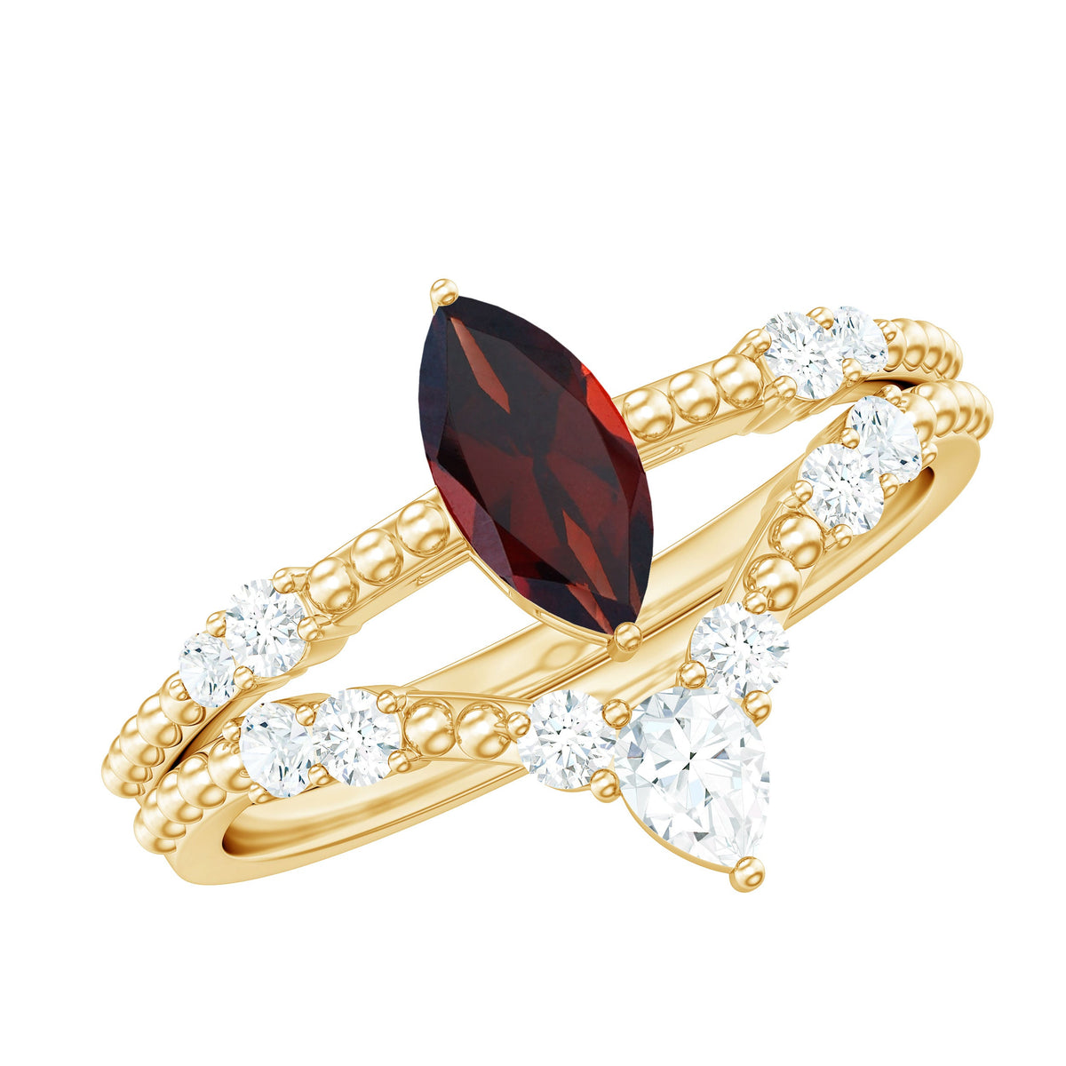 Certified Real Marquise Garnet Diamond Wedding Bridal Ring Set