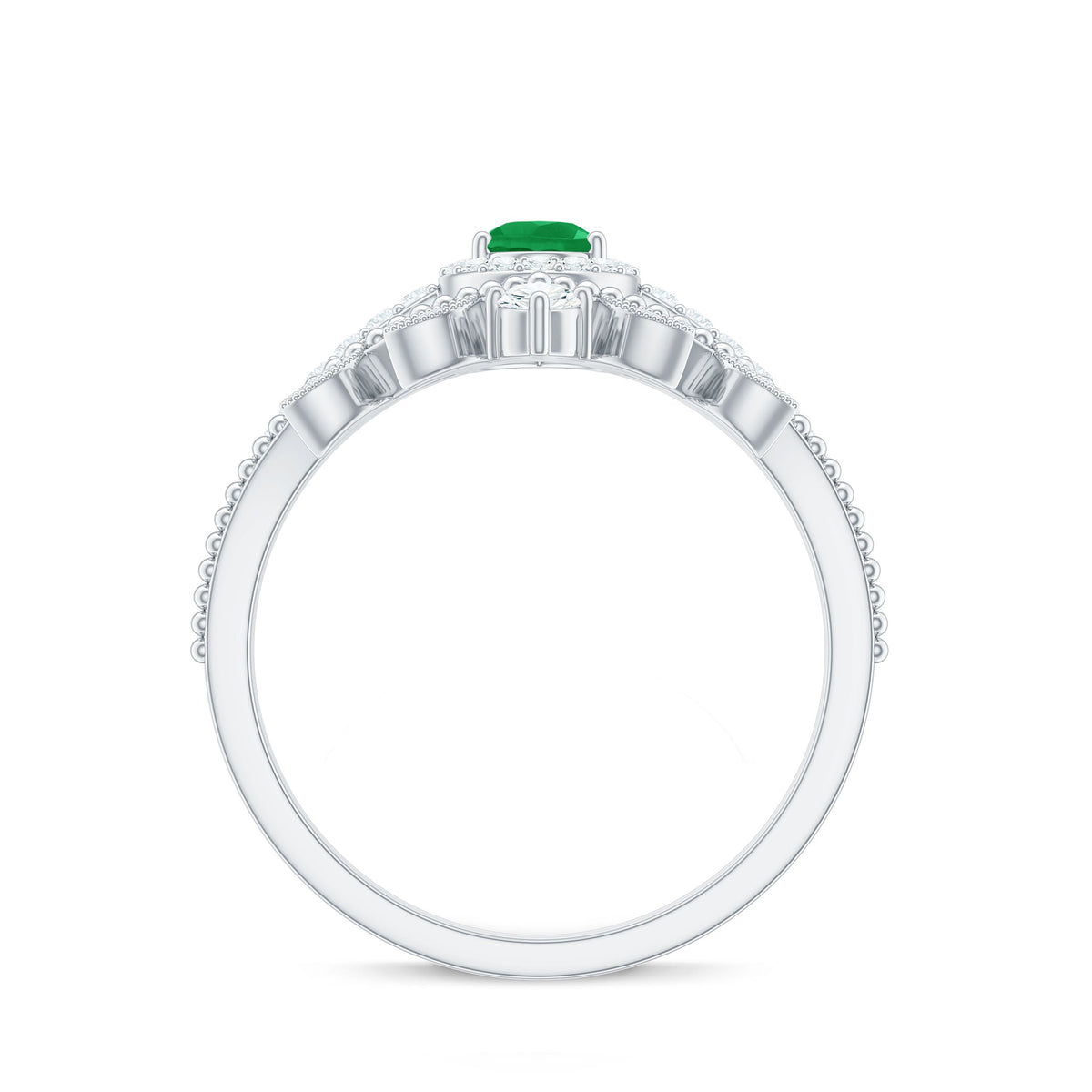 Vintage Looking Emerald Diamond Designer Engagement Wedding Ring Set