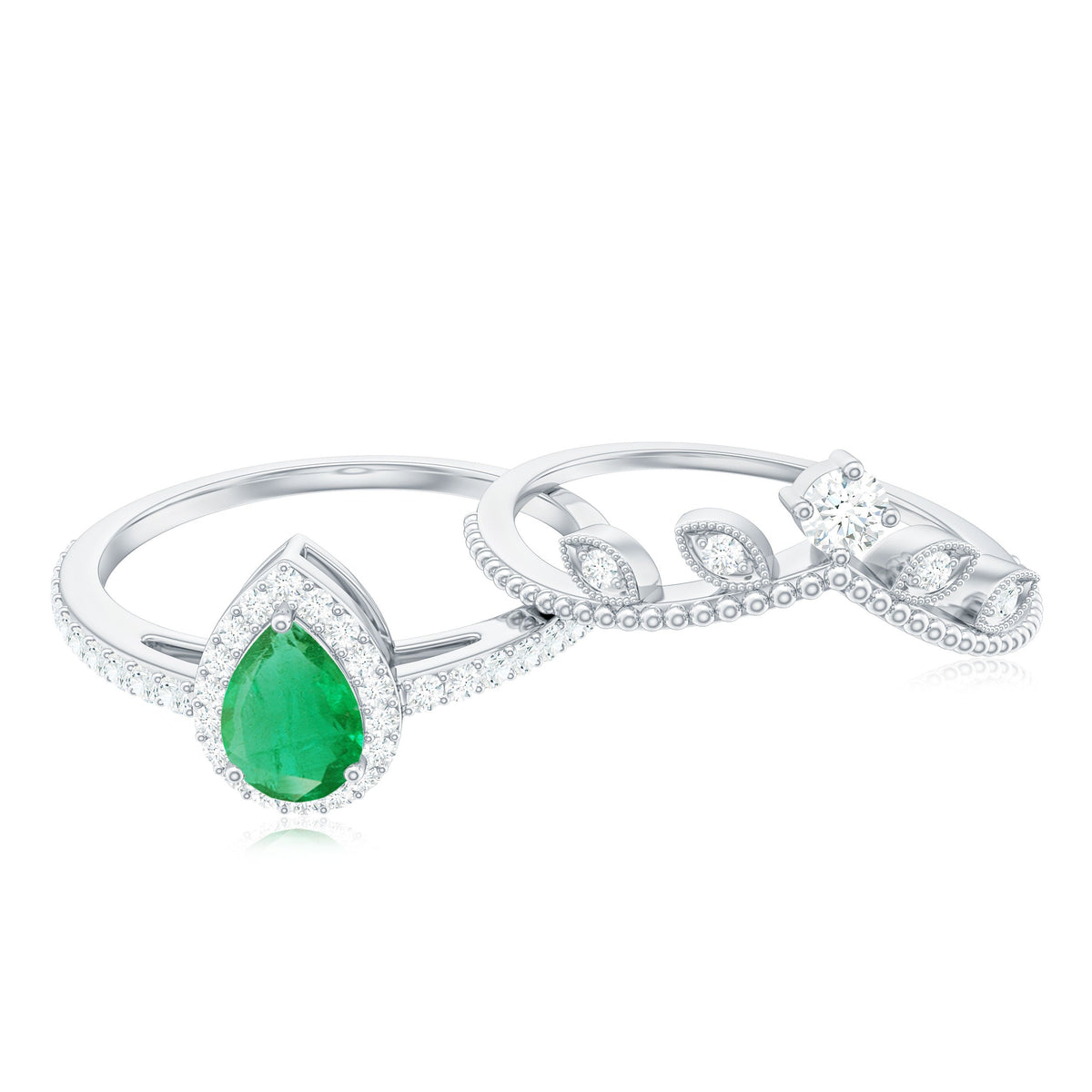 Vintage Looking Emerald Diamond Designer Engagement Wedding Ring Set