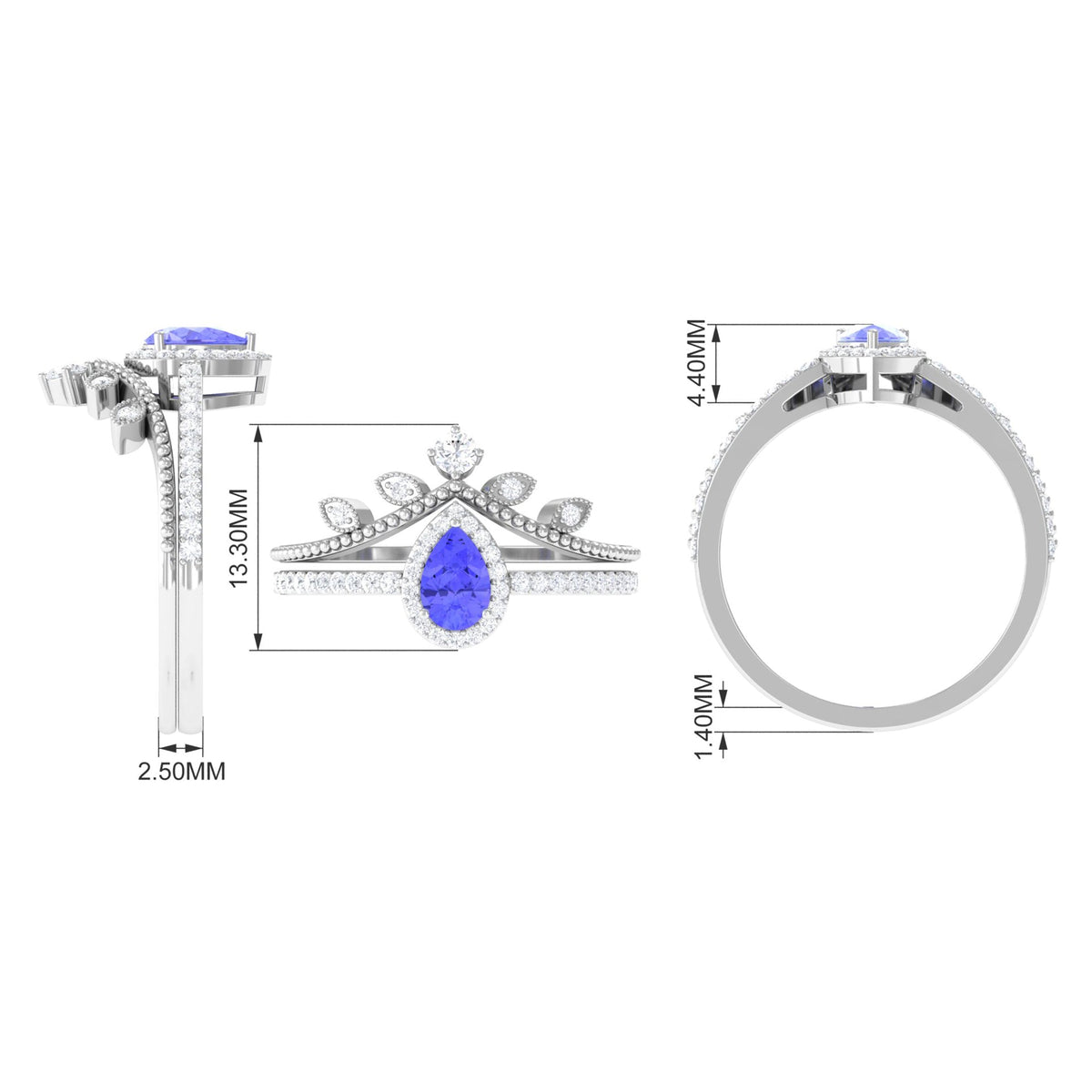 0.8 Carat Vintage Looking Tanzanite Diamond Wedding Bridal Ring Set of 2