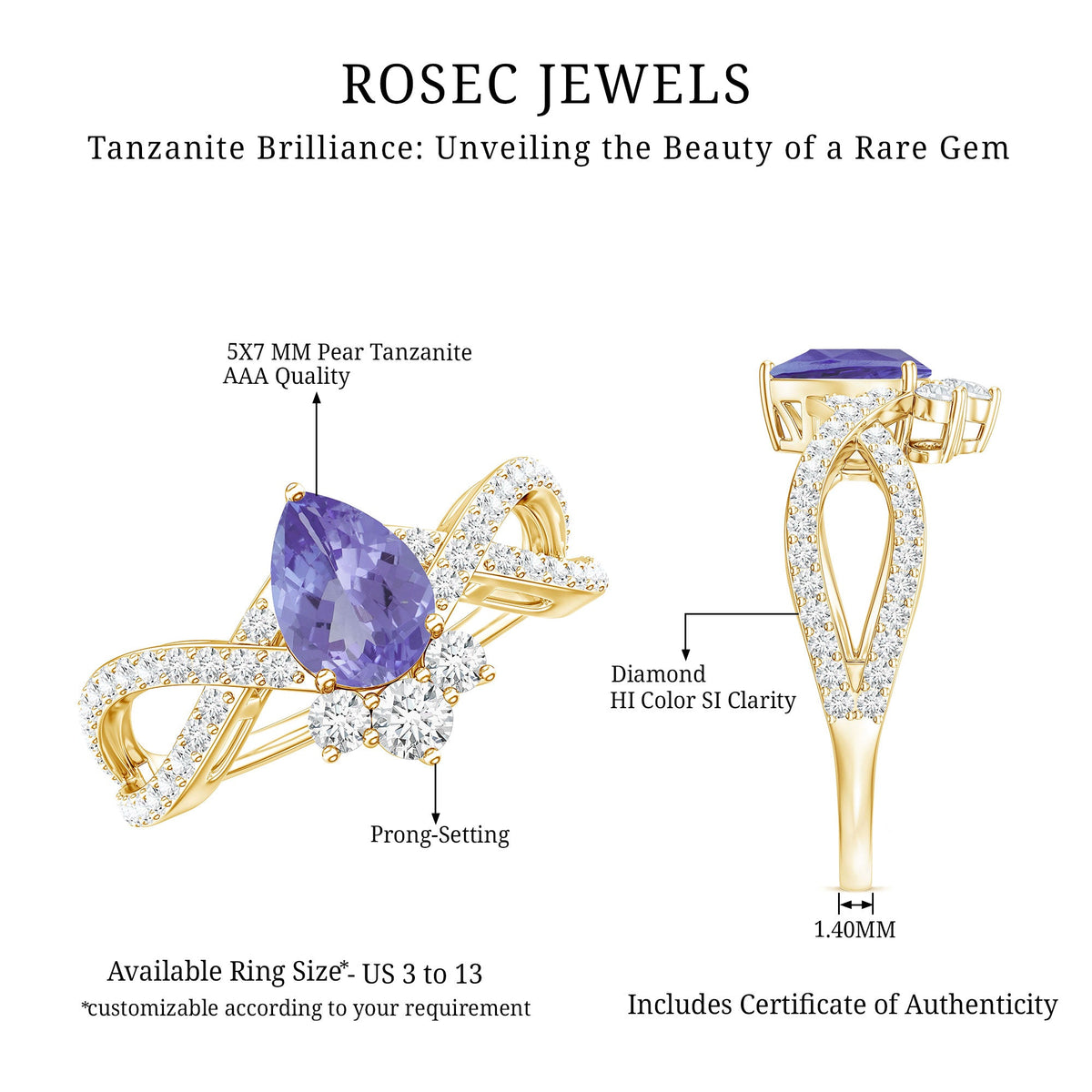 Certified Real Tanzanite Engagement Ring with Diamond Crossover Shank