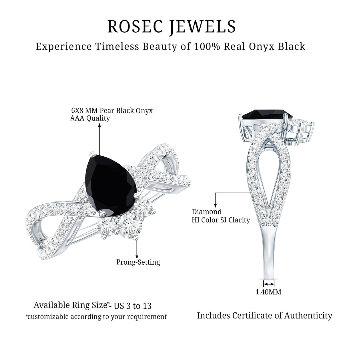 1 Carat Pear Shaped Black Onyx Designer Engagement Ring with Diamond