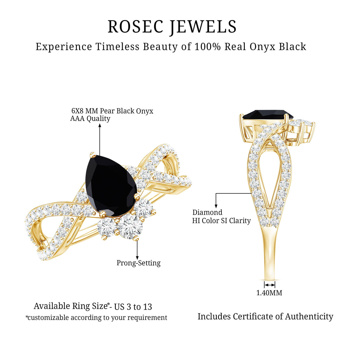 1 Carat Pear Shaped Black Onyx Designer Engagement Ring with Diamond