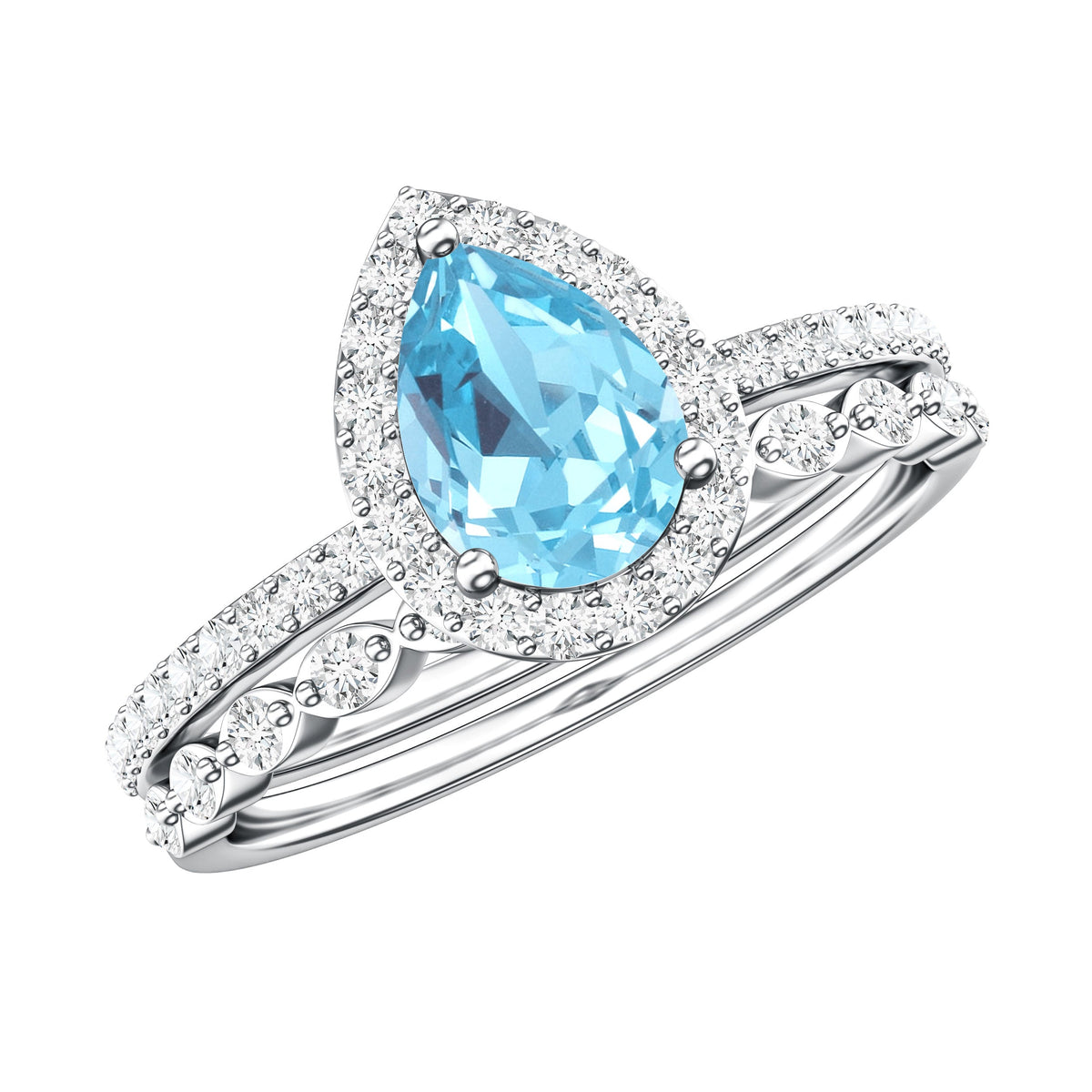 Genuine 1 Carat Aquamarine Bridal Ring Set with Diamond