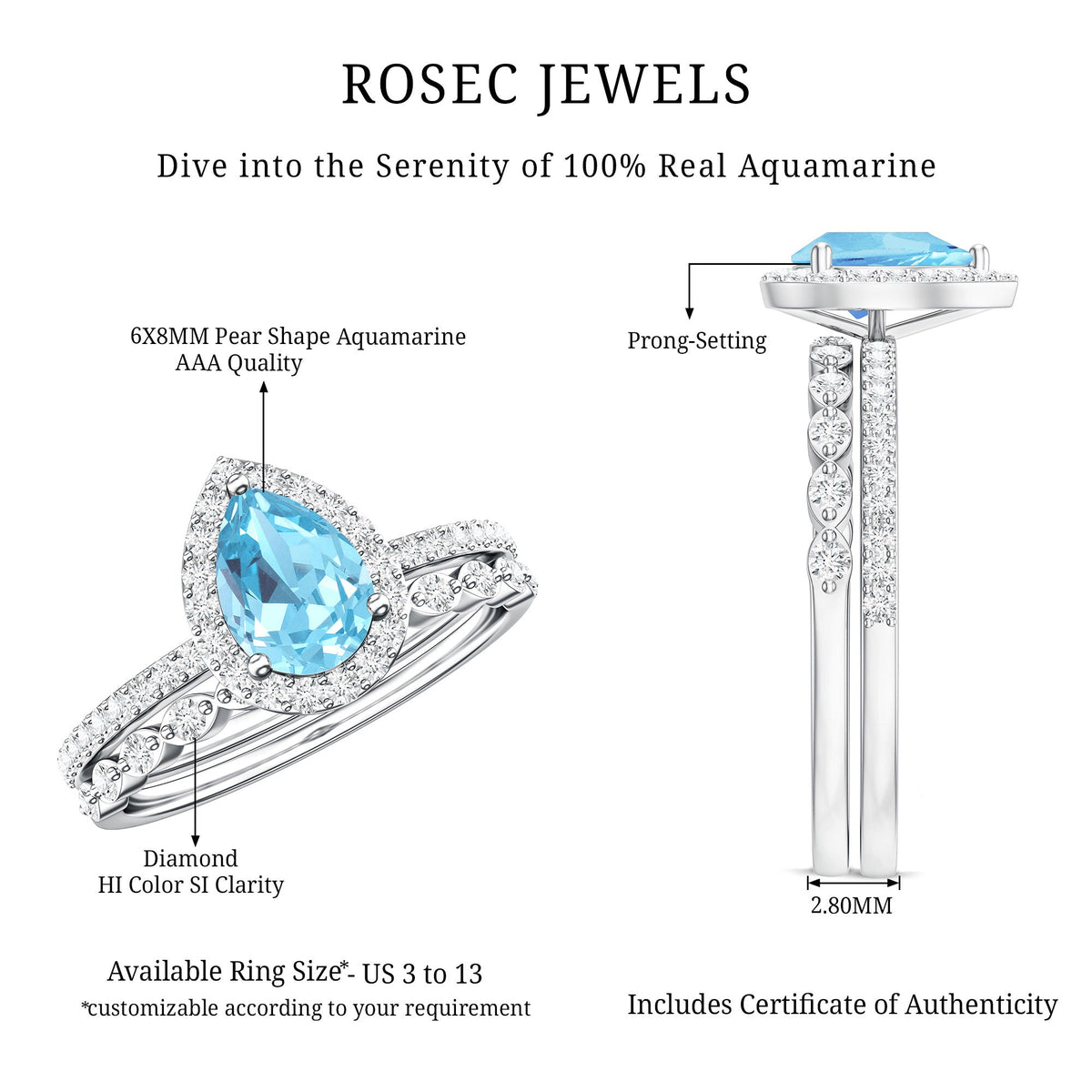 Genuine 1 Carat Aquamarine Bridal Ring Set with Diamond
