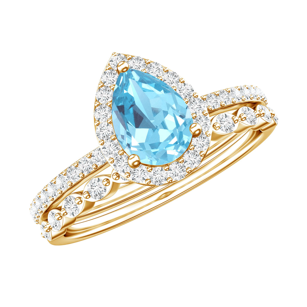 Genuine 1 Carat Aquamarine Bridal Ring Set with Diamond