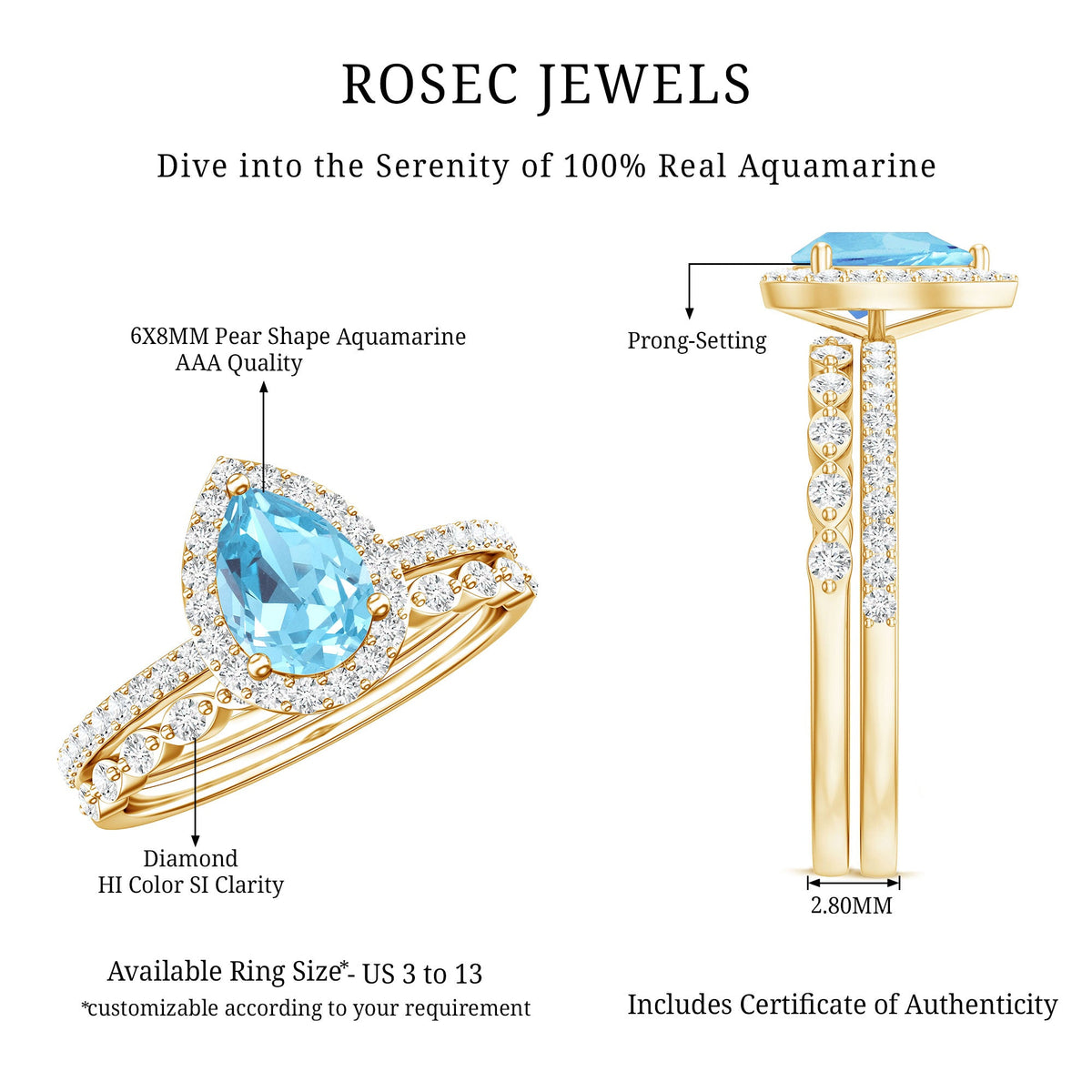 Genuine 1 Carat Aquamarine Bridal Ring Set with Diamond