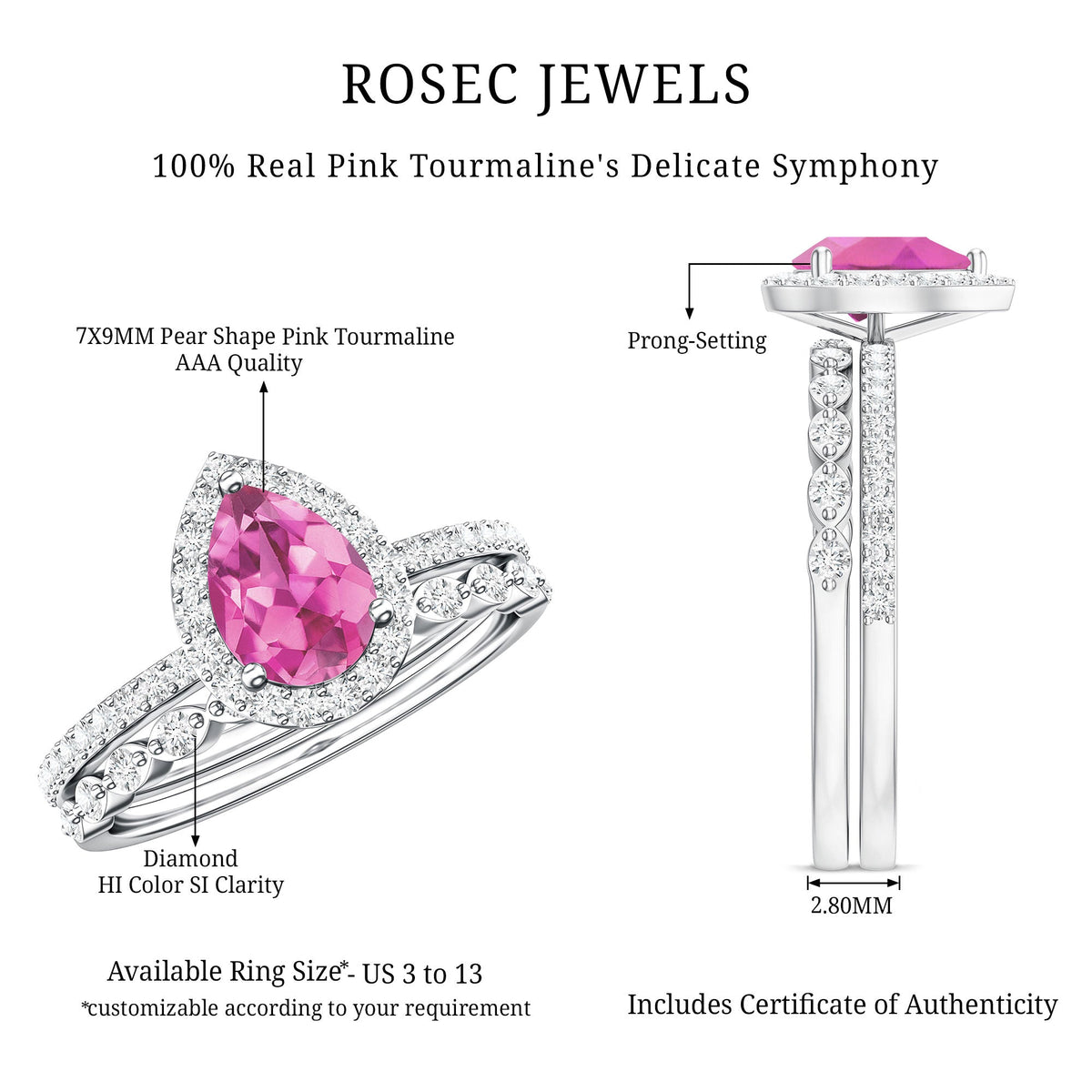 Teardrop Pink tourmaline Bridal Ring Set with Diamond