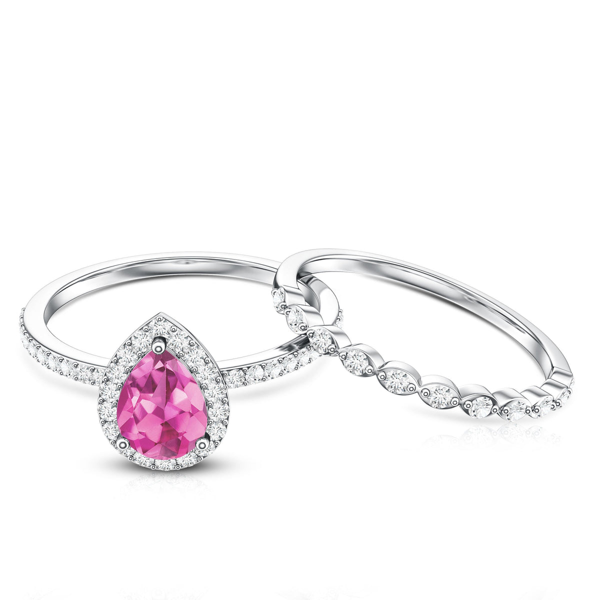 Teardrop Pink tourmaline Bridal Ring Set with Diamond