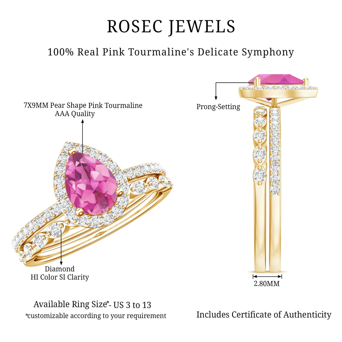 Teardrop Pink tourmaline Bridal Ring Set with Diamond