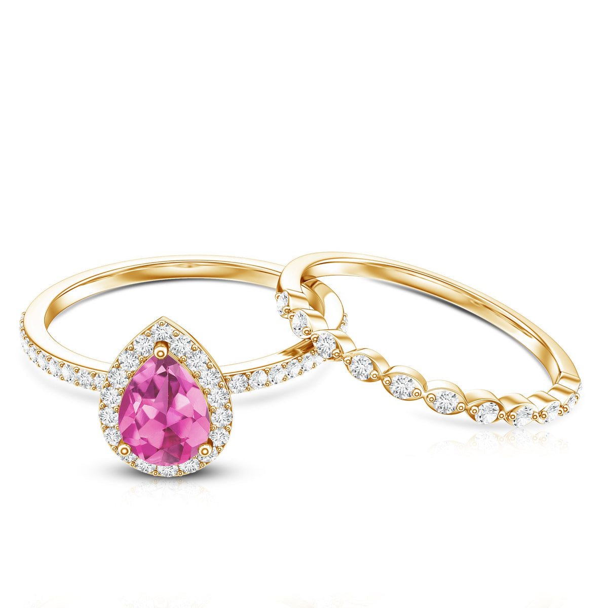 Teardrop Pink tourmaline Bridal Ring Set with Diamond