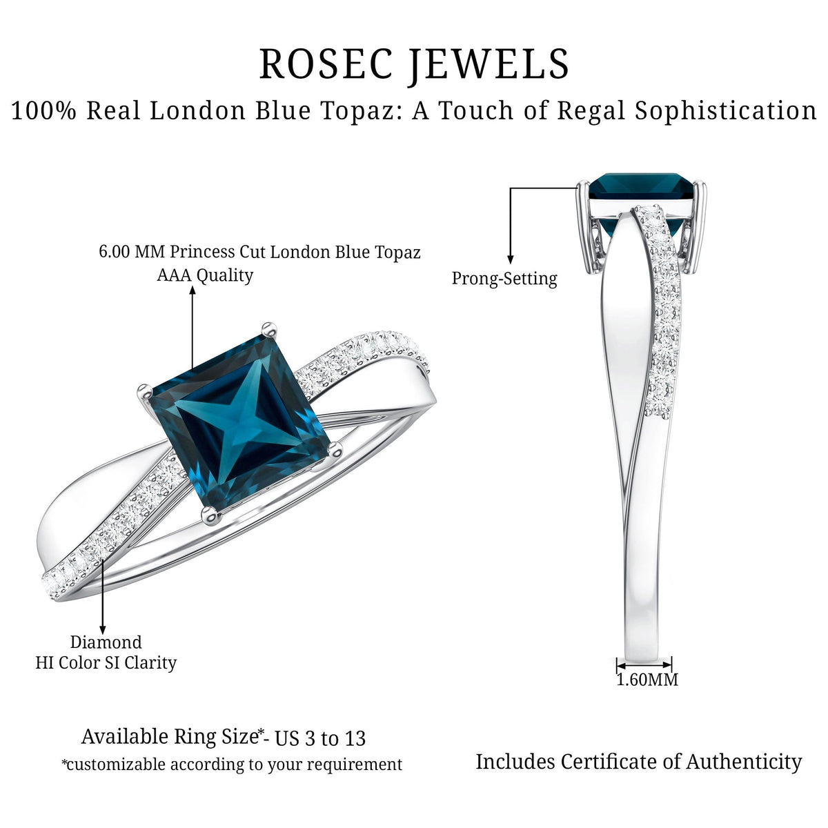 1 Carat Princess Cut London Blue Topaz Solitaire Engagement Ring For Women