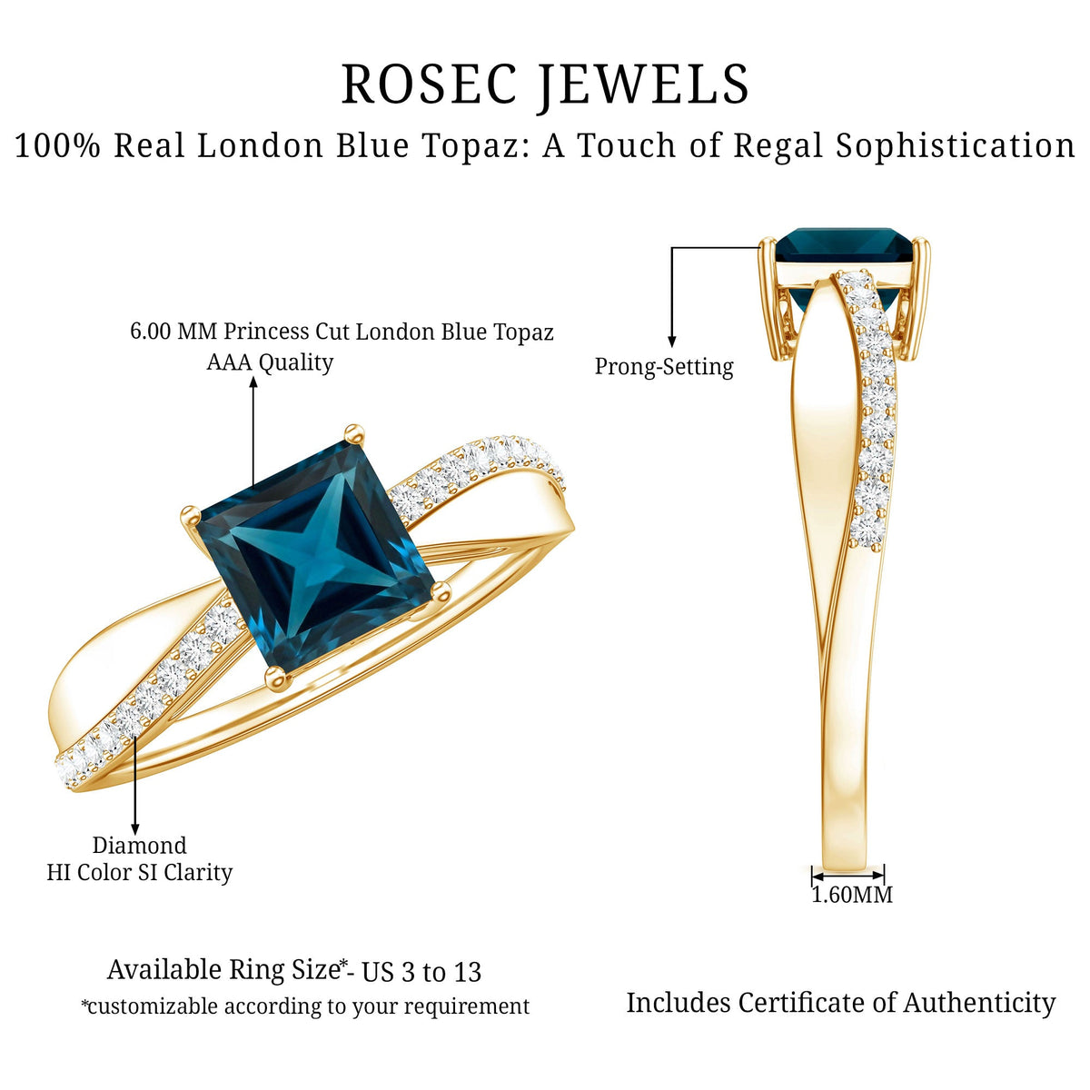 1 Carat Princess Cut London Blue Topaz Solitaire Engagement Ring For Women