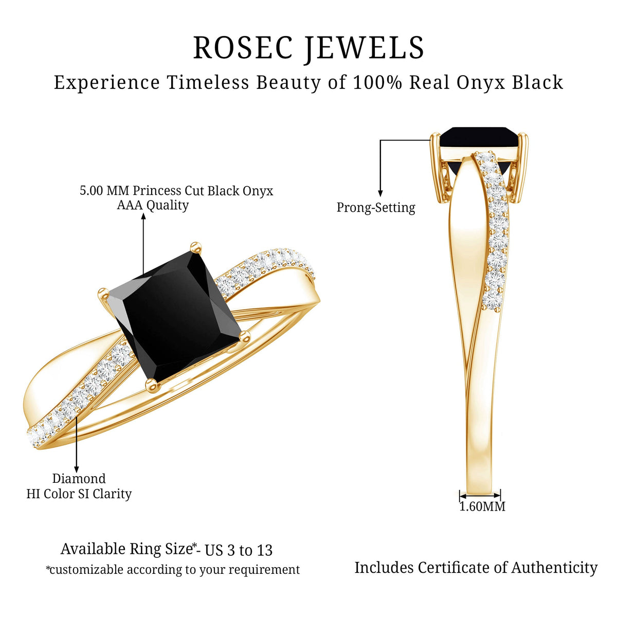 0.5 Carat Princess Cut Black Onyx Solitaire Engagement Ring with Diamond