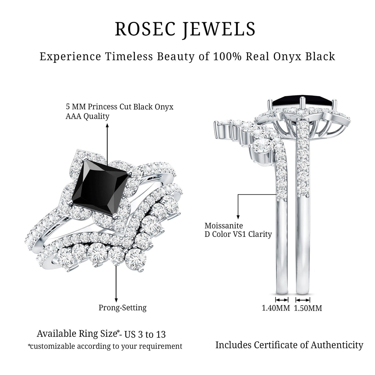 0.5 Carat Black Onyx and Moissanite Statement Wedding Ring Set