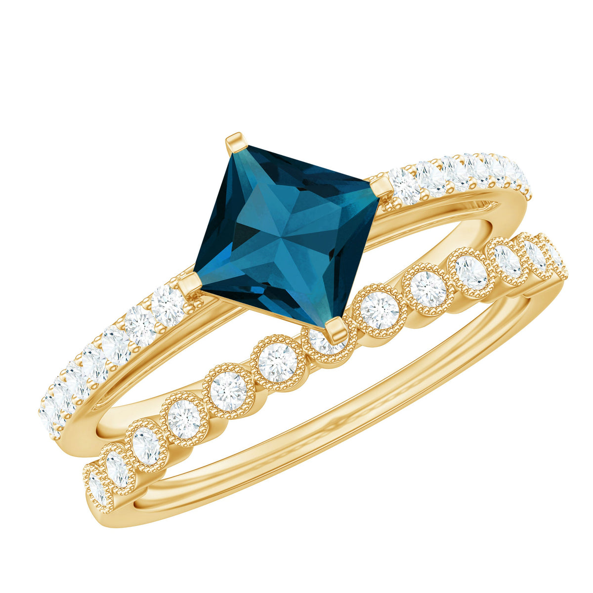 Genuine London Blue Topaz Designer Engagement Ring with Diamond Wedding Band
