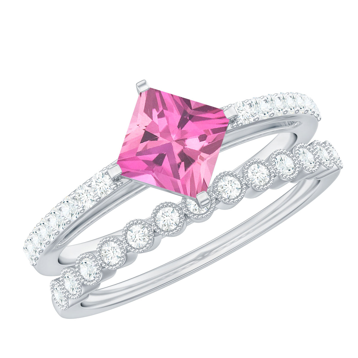 1 Carat Princess Cut Pink Tourmaline Ring with Diamond Wedding Band