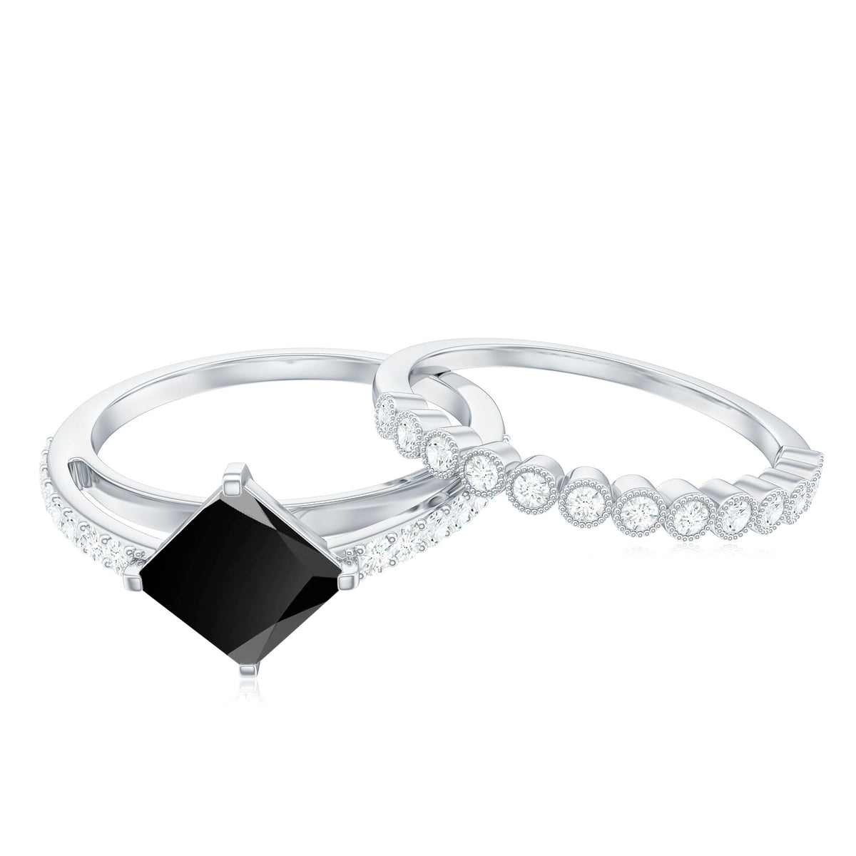 0.5 Carat Princess Cut Black Onyx Wedding Ring Set with Diamond Band