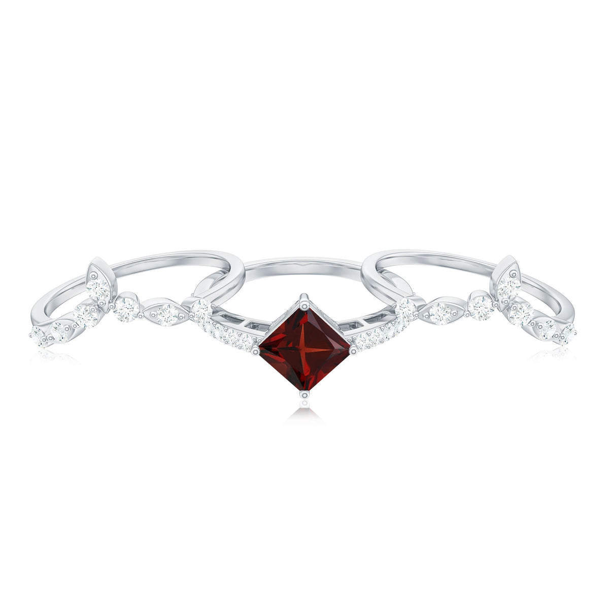 1.4 Carat Vintage Looking Princess Cut Garnet and Diamond 3 Piece Wedding Ring Set
