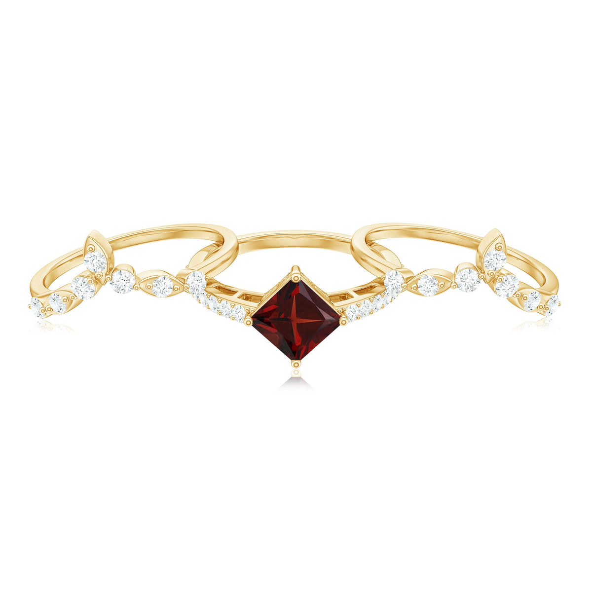 1.4 Carat Vintage Looking Princess Cut Garnet and Diamond 3 Piece Wedding Ring Set