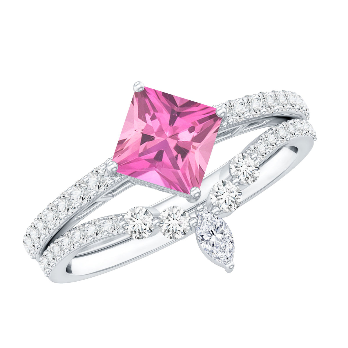 1 Carat Princess Cut Pink tourmaline and Diamond Wedding Ring Set for Women