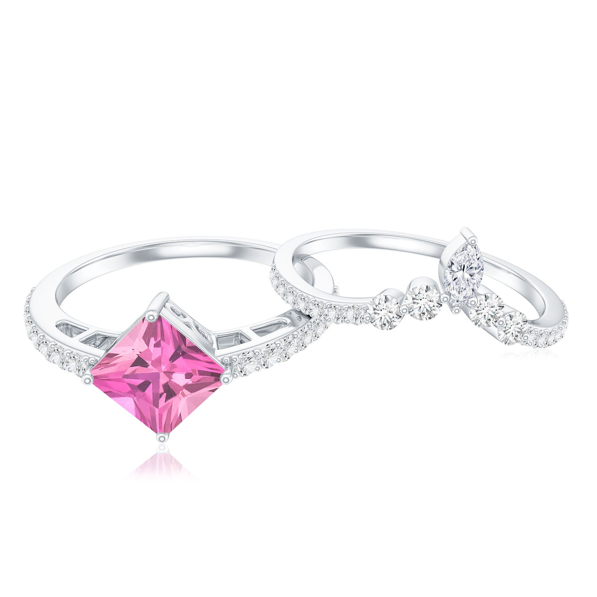 1 Carat Princess Cut Pink tourmaline and Diamond Wedding Ring Set for Women