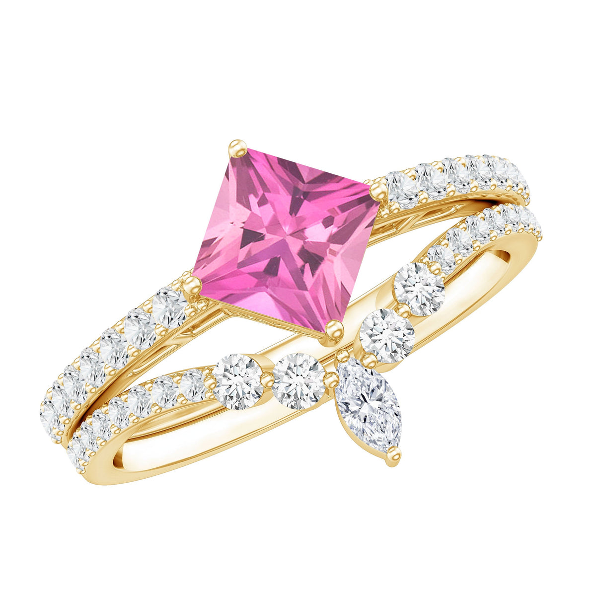 1 Carat Princess Cut Pink tourmaline and Diamond Wedding Ring Set for Women