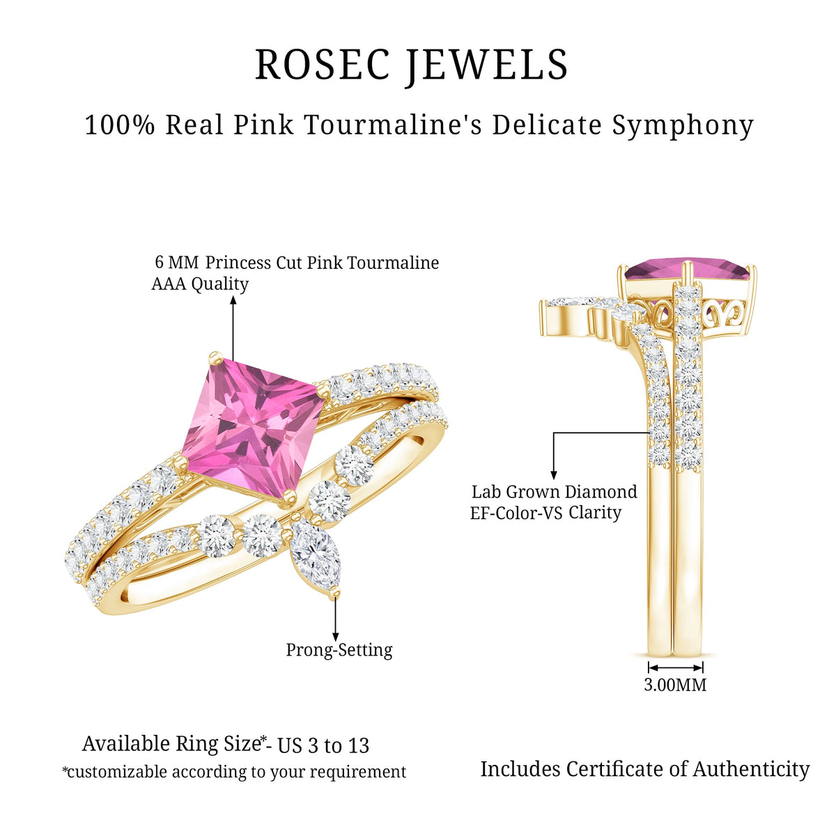 1 Carat Princess Cut Pink tourmaline and Diamond Wedding Ring Set for Women