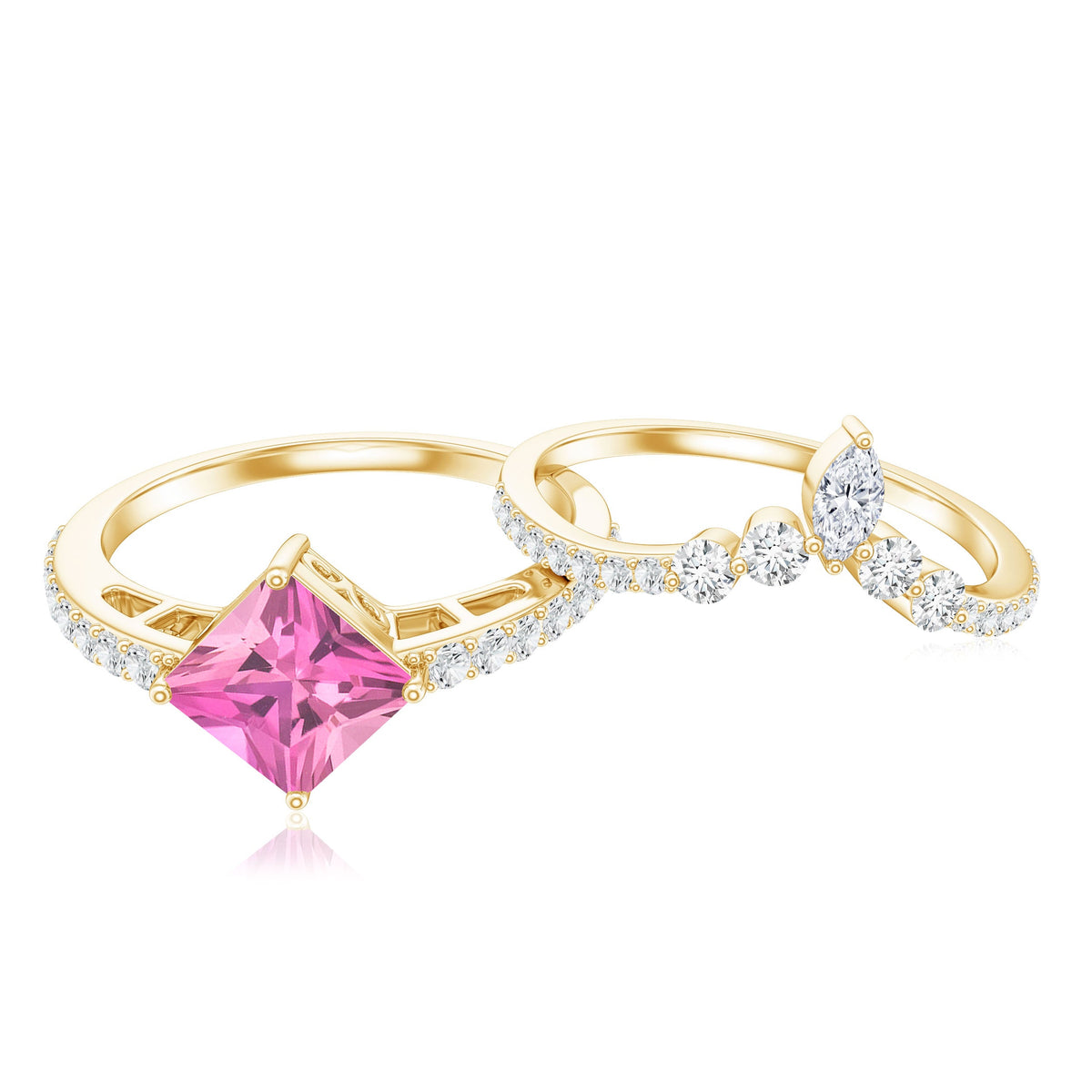 1 Carat Princess Cut Pink tourmaline and Diamond Wedding Ring Set for Women
