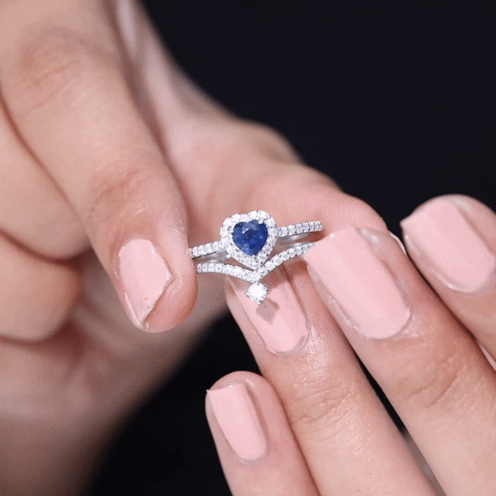 0.65 Carat Heart Shaped Blue Sapphire And Diamond Halo Wedding Ring Set