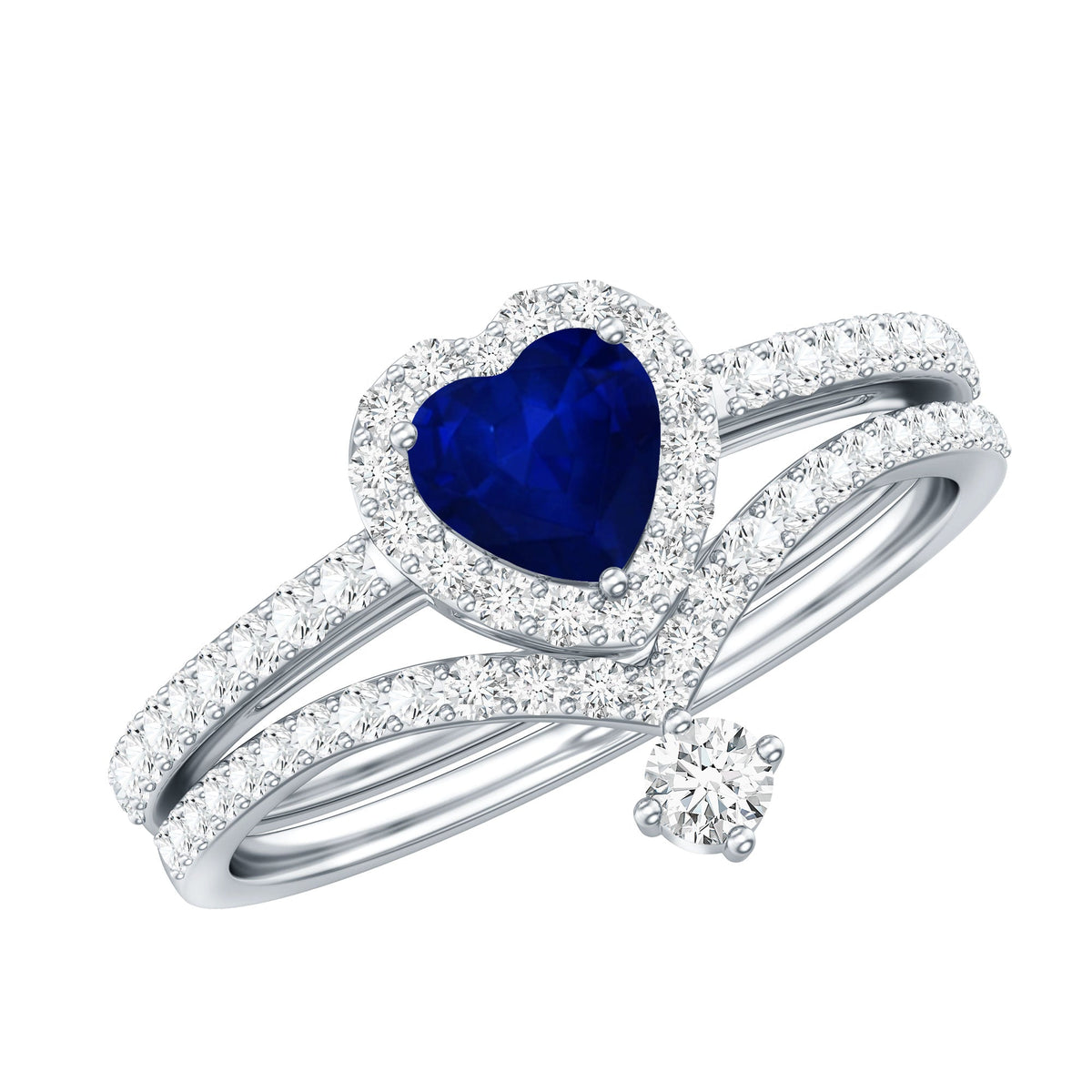 0.65 Carat Heart Shaped Blue Sapphire And Diamond Halo Wedding Ring Set