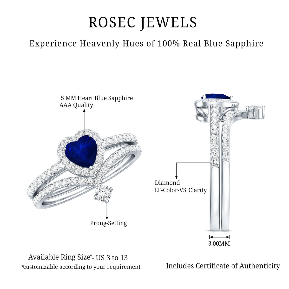 0.65 Carat Heart Shaped Blue Sapphire And Diamond Halo Wedding Ring Set