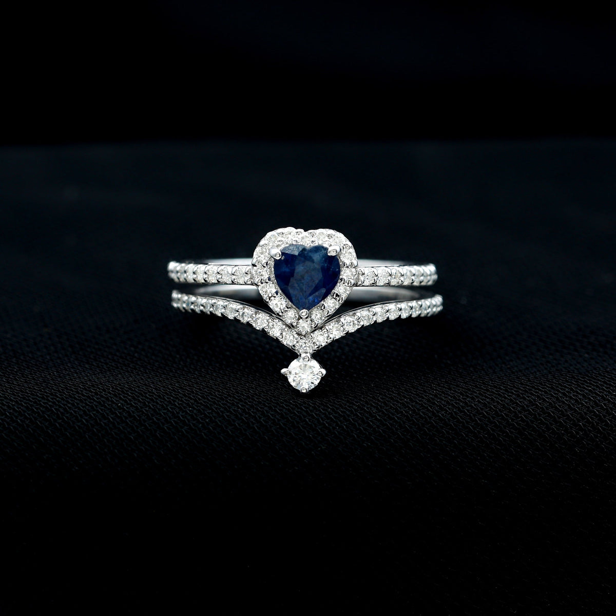 0.65 Carat Heart Shaped Blue Sapphire And Diamond Halo Wedding Ring Set