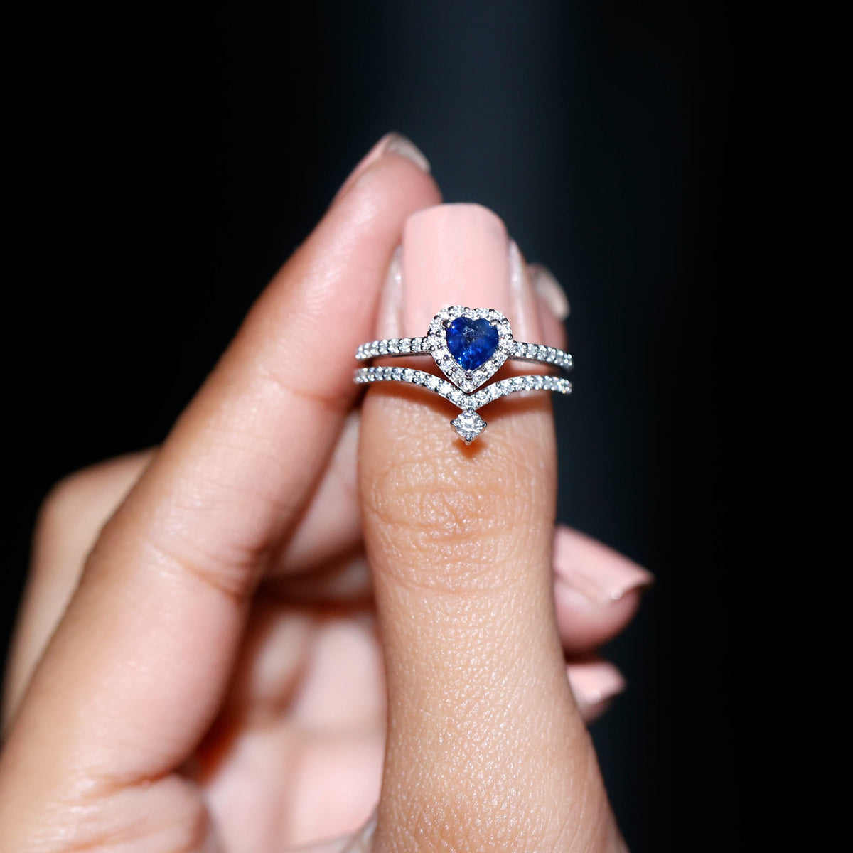 0.65 Carat Heart Shaped Blue Sapphire And Diamond Halo Wedding Ring Set