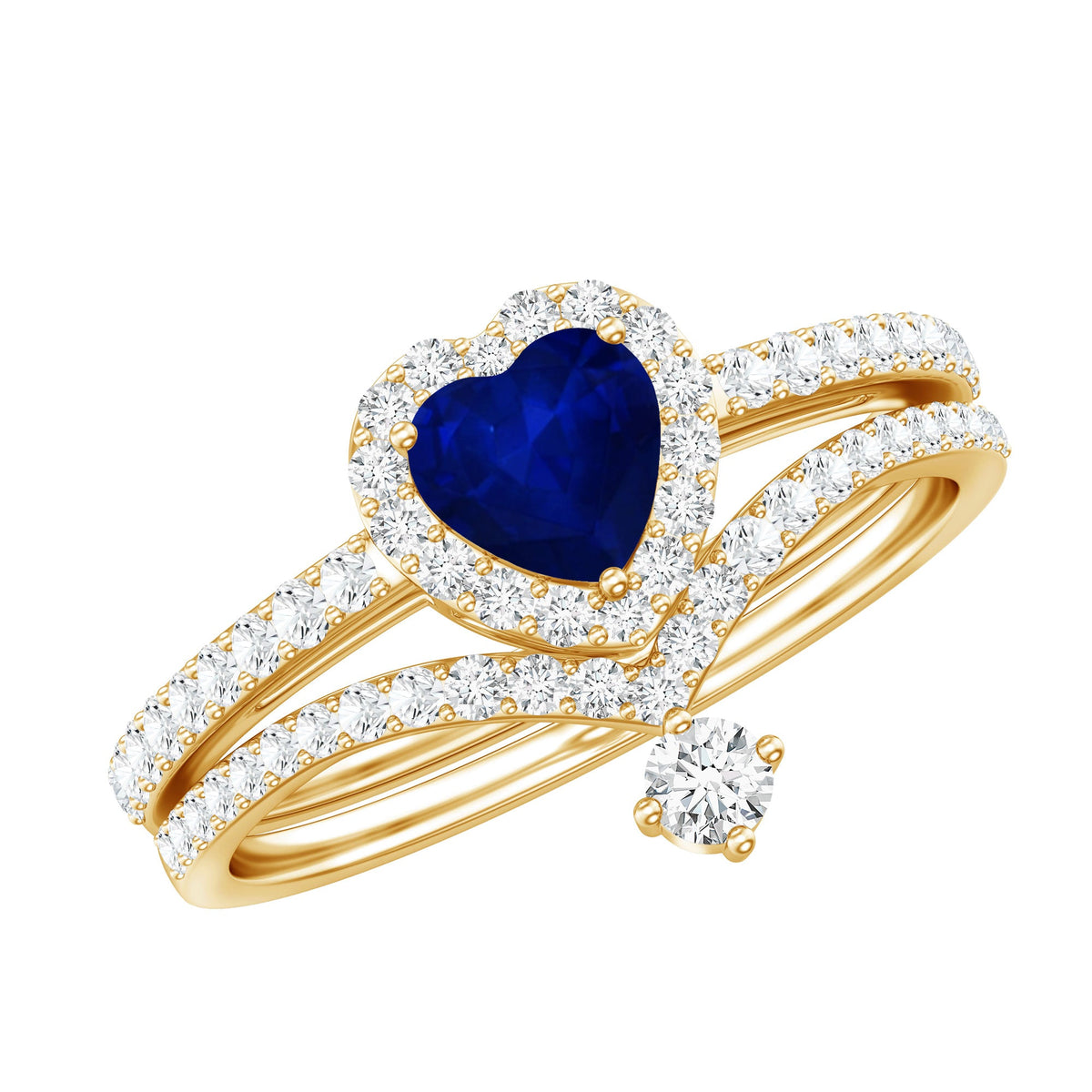 0.65 Carat Heart Shaped Blue Sapphire And Diamond Halo Wedding Ring Set