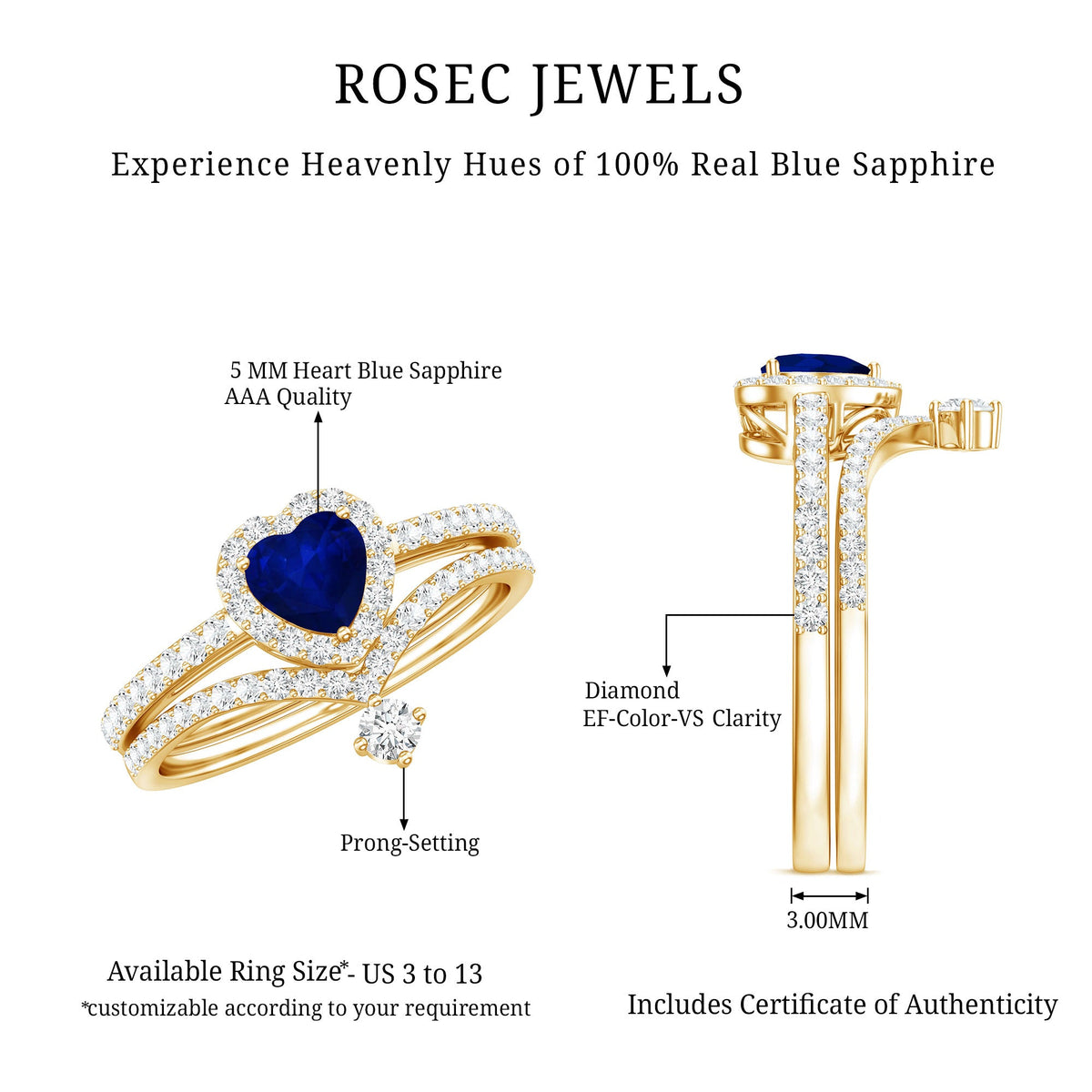 0.65 Carat Heart Shaped Blue Sapphire And Diamond Halo Wedding Ring Set