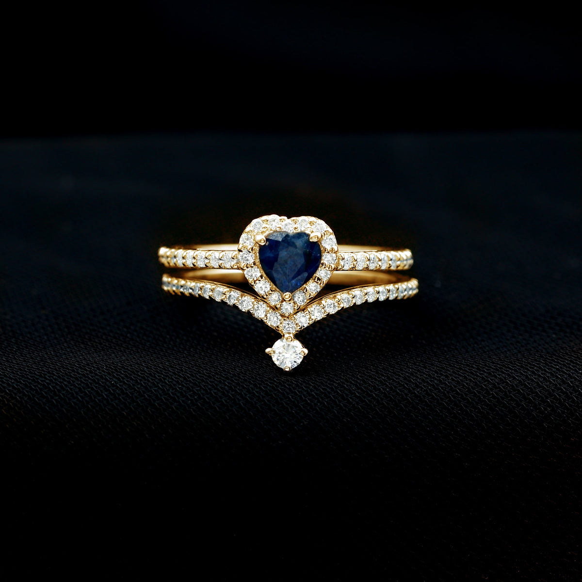 0.65 Carat Heart Shaped Blue Sapphire And Diamond Halo Wedding Ring Set