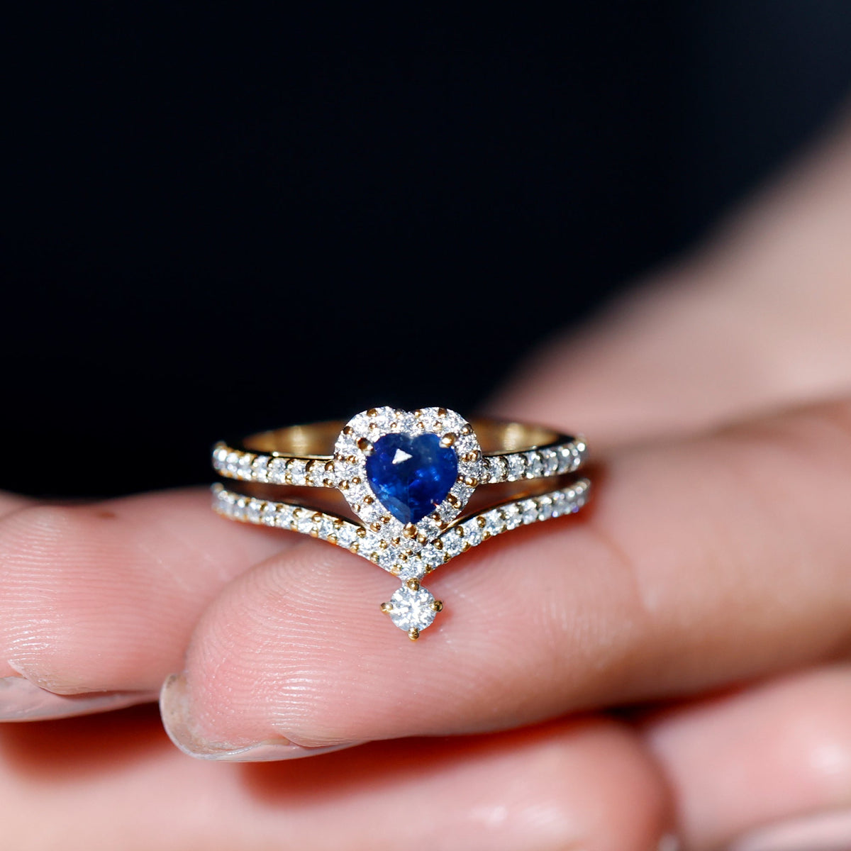 0.65 Carat Heart Shaped Blue Sapphire And Diamond Halo Wedding Ring Set