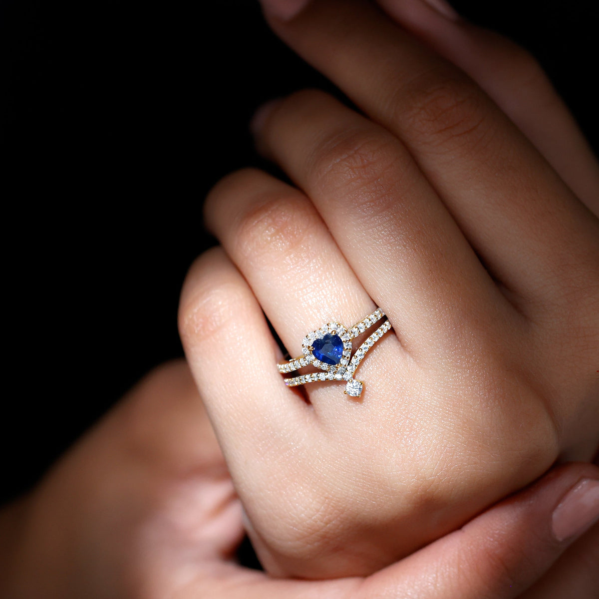 0.65 Carat Heart Shaped Blue Sapphire And Diamond Halo Wedding Ring Set