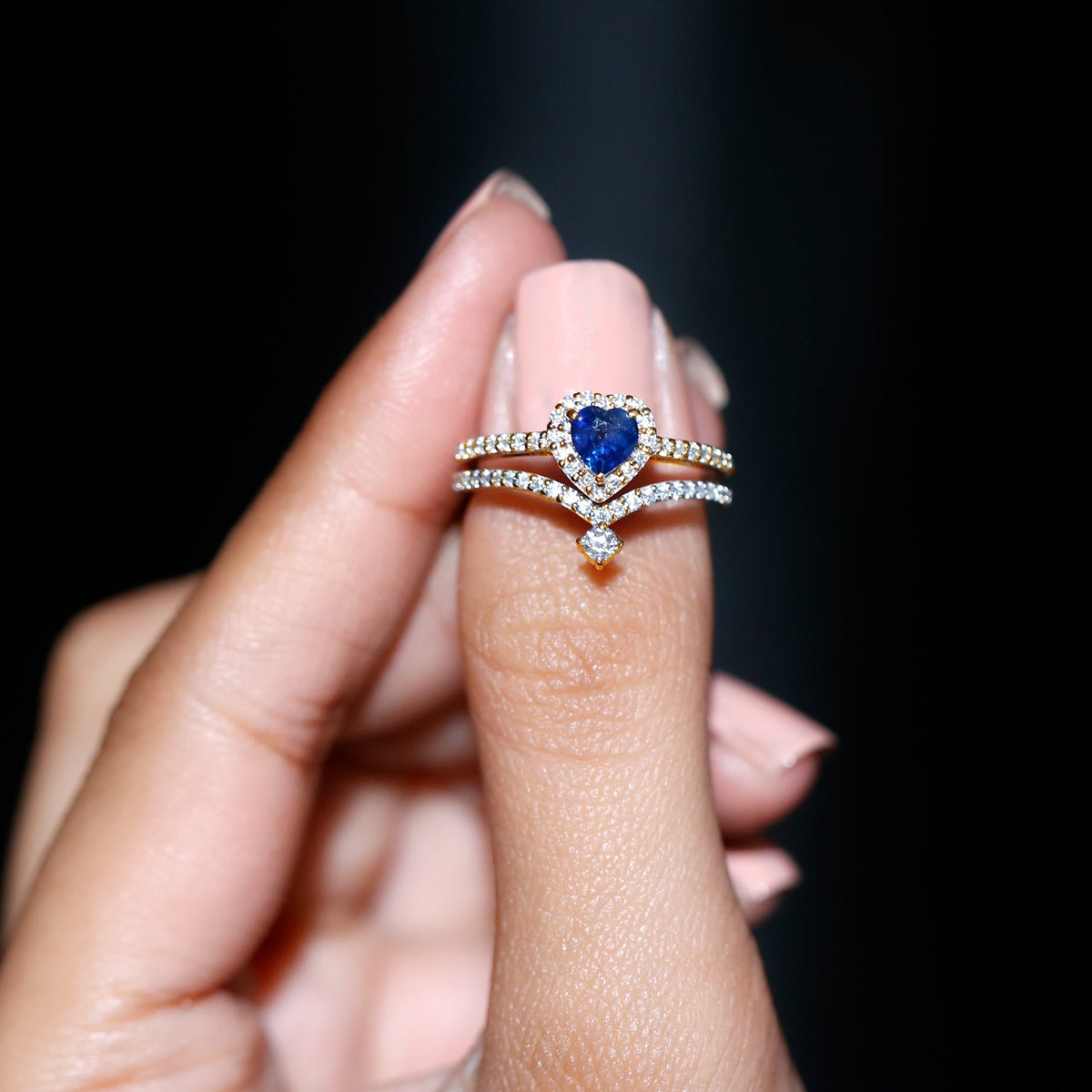 0.65 Carat Heart Shaped Blue Sapphire And Diamond Halo Wedding Ring Set