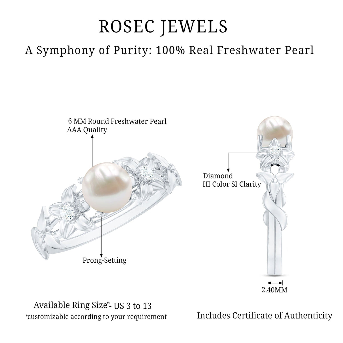 Cultured 2 Carat White Pearl Flower Engagement Ring with Diamonds