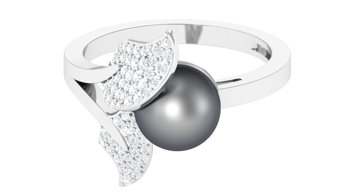 Round Tahitian Pearl and Diamond Leaf Engagement Ring