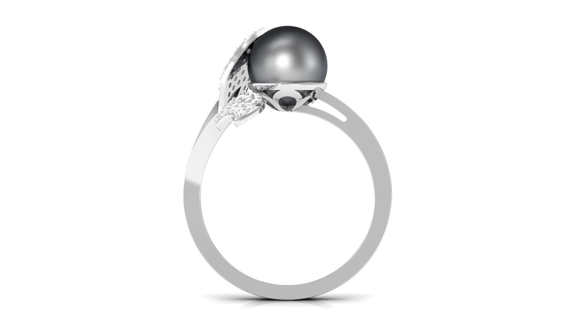 Round Tahitian Pearl and Diamond Leaf Engagement Ring
